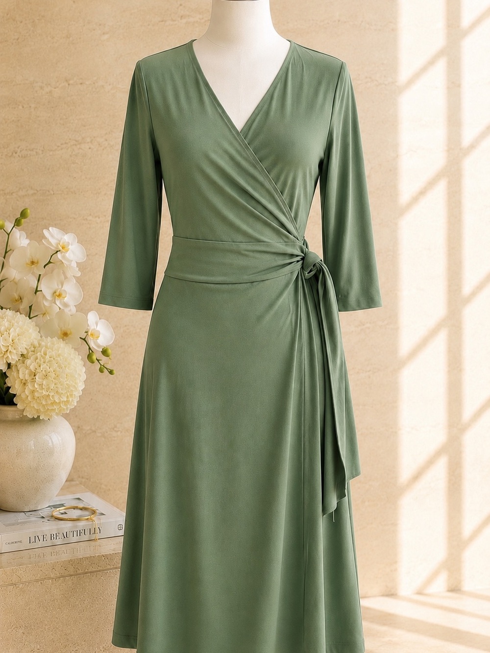 Jones New York Green True Wrap Midi Dress Stretch Size 12